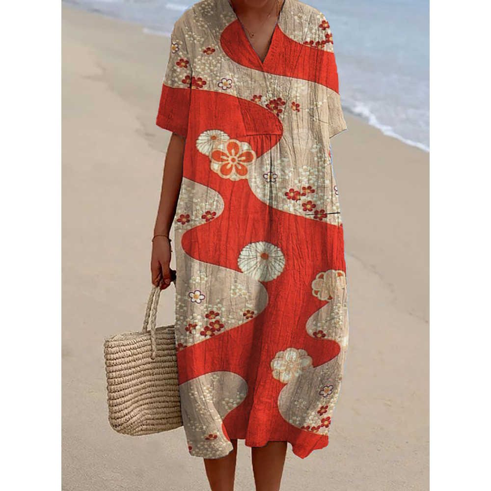 Cherry Blossom Japanese Contrast Color Linen Blend Dress