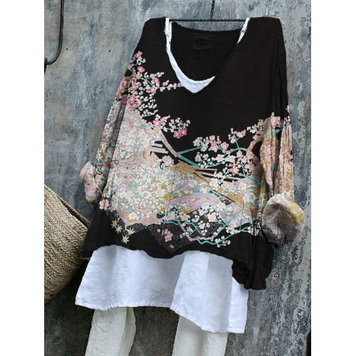 Cherry Blossom Japanese Flowy Linen Blend Tunic