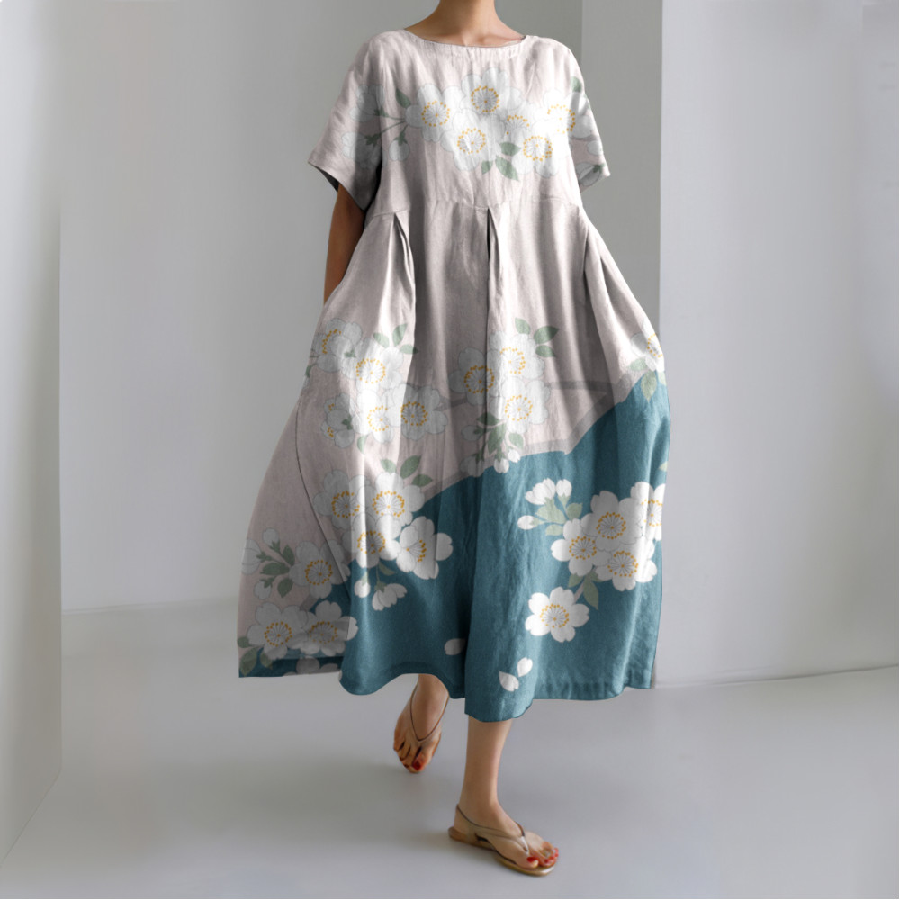Cherry Blossom Japanese Linen Blend Maxi Dress
