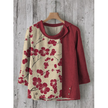 Cherry Blossom Japanese Lino Art Contrast Linen Blend Tunic
