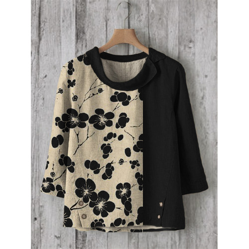 Cherry Blossom Japanese Lino Art Contrast Linen Blend Tunic