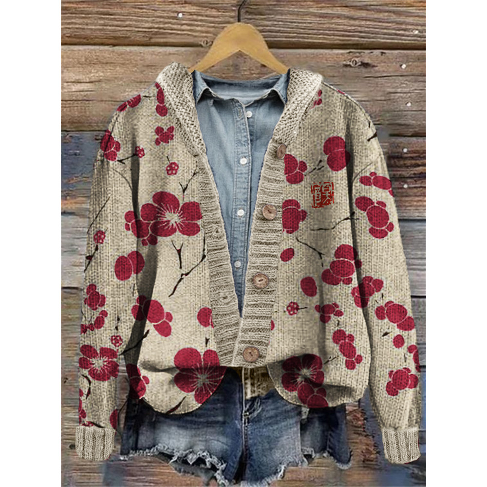 Cherry Blossom Japanese Lino Art Cozy Hooded Cardigan