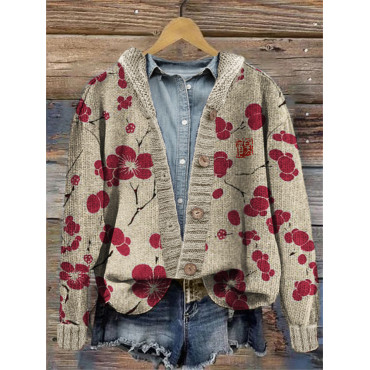 Cherry Blossom Japanese Lino Art Cozy Hooded Cardigan