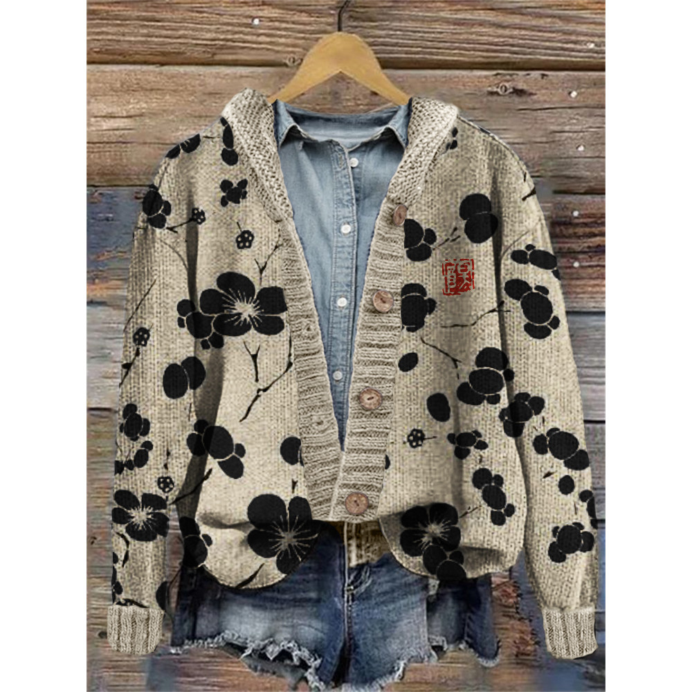 Cherry Blossom Japanese Lino Art Cozy Hooded Cardigan
