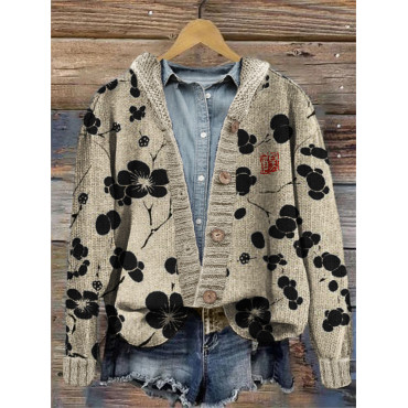 Cherry Blossom Japanese Lino Art Cozy Hooded Cardigan