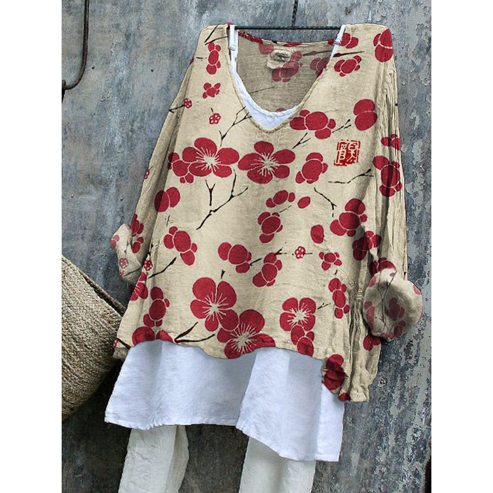 Cherry Blossom Japanese Lino Art Flowy Tunic