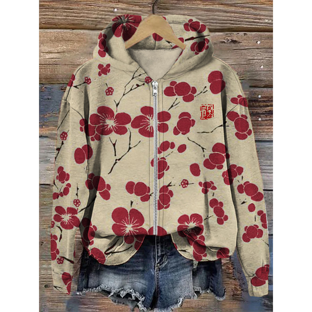 Cherry Blossom Japanese Lino Art Full Zip Hoodie