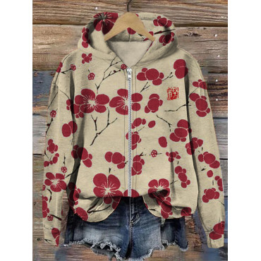 Cherry Blossom Japanese Lino Art Full Zip Hoodie