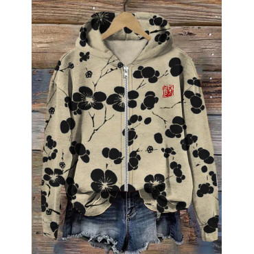 Cherry Blossom Japanese Lino Art Full Zip Hoodie
