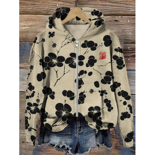 Cherry Blossom Japanese Lino Art Full Zip Hoodie