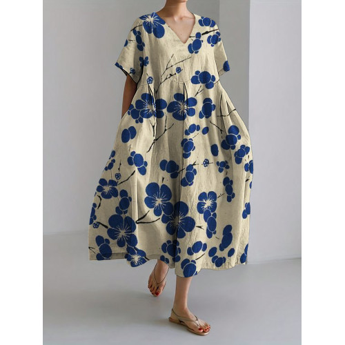 Cherry Blossom Japanese Lino Art Linen Blend Maxi Dress