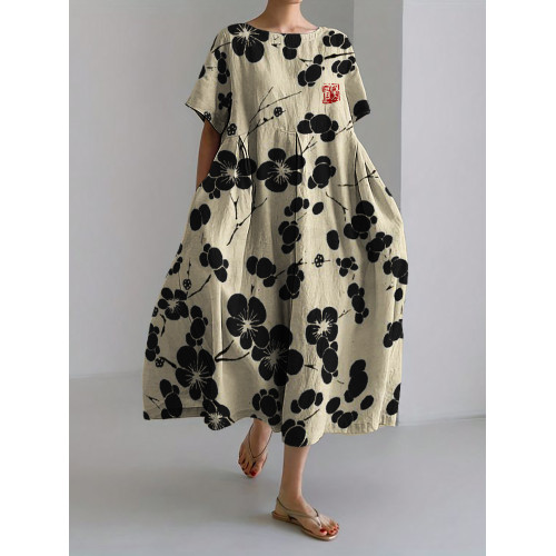 Cherry Blossom Japanese Lino Art Linen Blend Maxi Dress