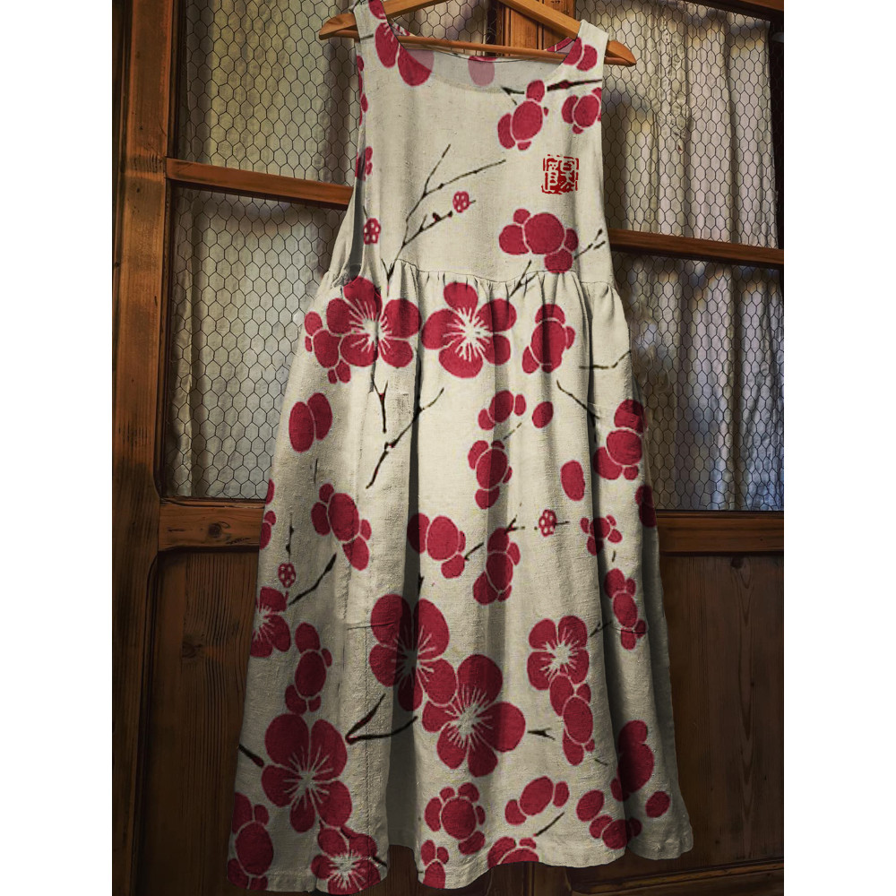 Cherry Blossom Japanese Lino Art Linen Blend Pinafore Dress