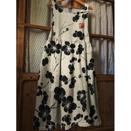 Cherry Blossom Japanese Lino Art Linen Blend Pinafore Dress