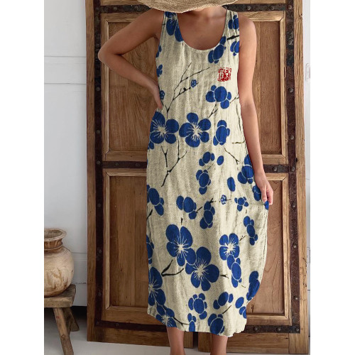 Cherry Blossom Japanese Lino Art Linen Blend Tank Maxi Dress