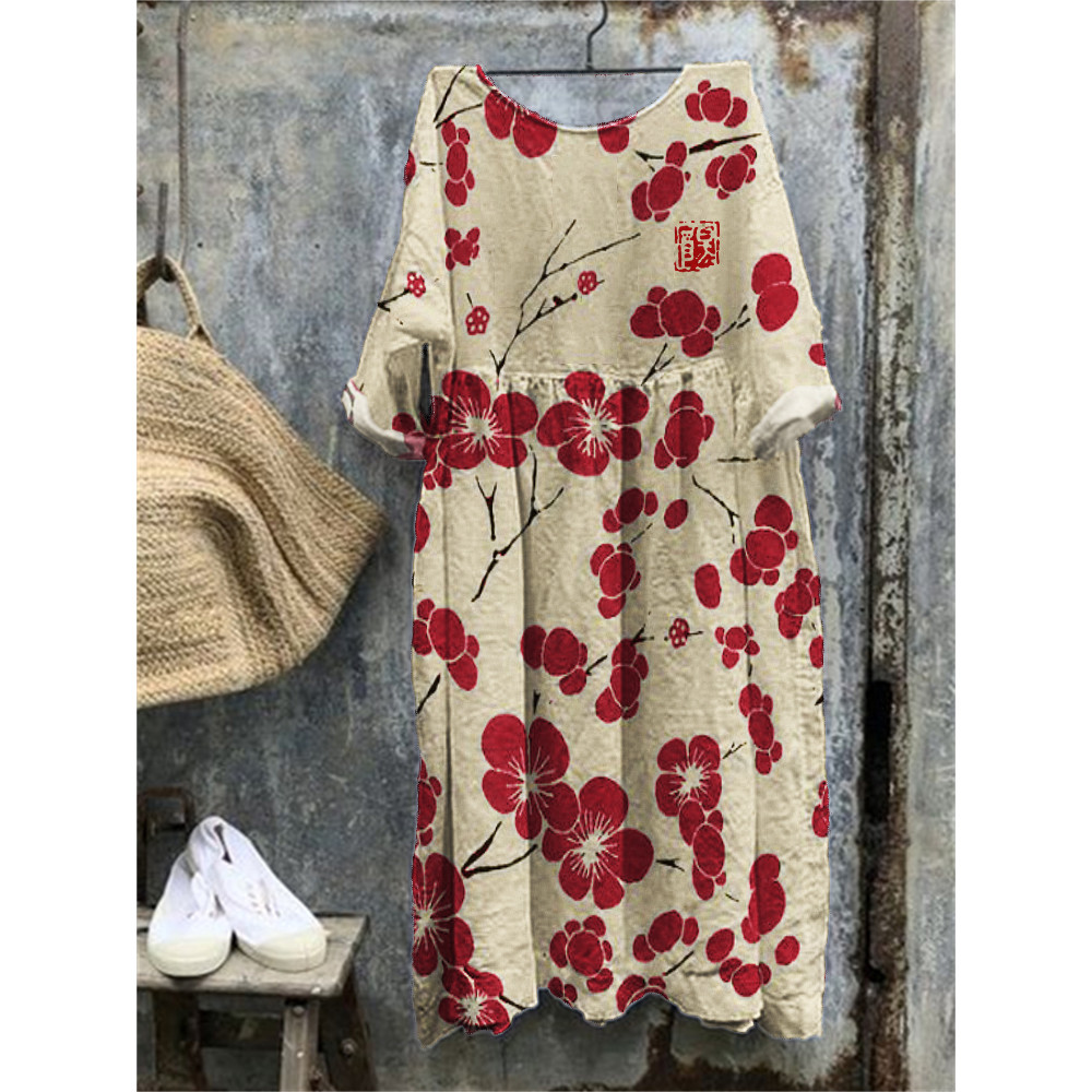 Cherry Blossom Japanese Lino Art Oversize Maxi Dress