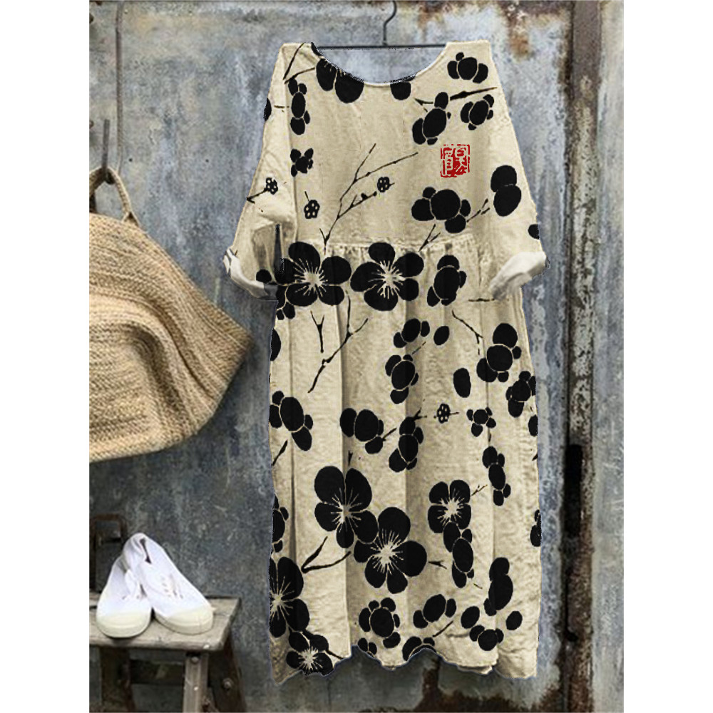 Cherry Blossom Japanese Lino Art Oversize Maxi Dress