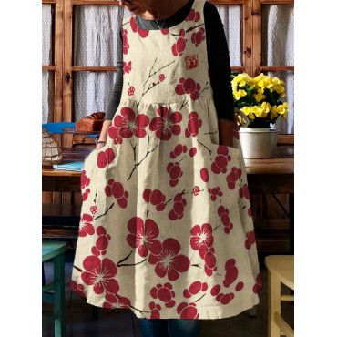 Cherry Blossom Japanese Lino Art Pinafore Midi Dress