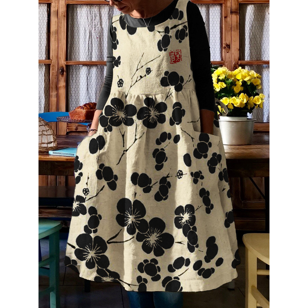 Cherry Blossom Japanese Lino Art Pinafore Midi Dress
