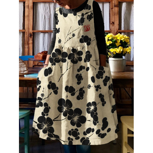 Cherry Blossom Japanese Lino Art Pinafore Midi Dress