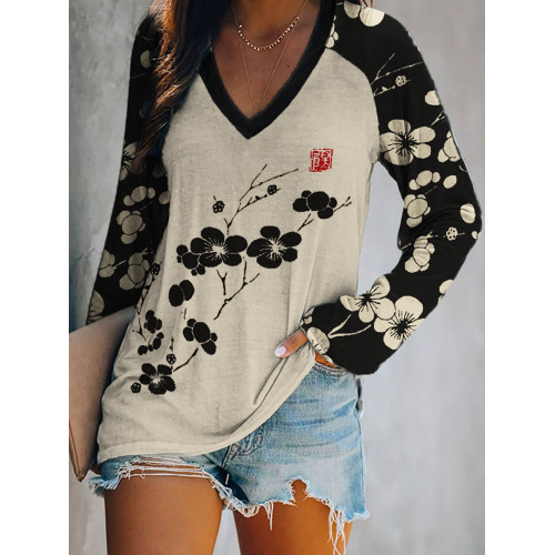 Cherry Blossom Japanese Lino Art Raglan T Shirt