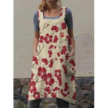 Cherry Blossom Japanese Lino Cross Back Apron
