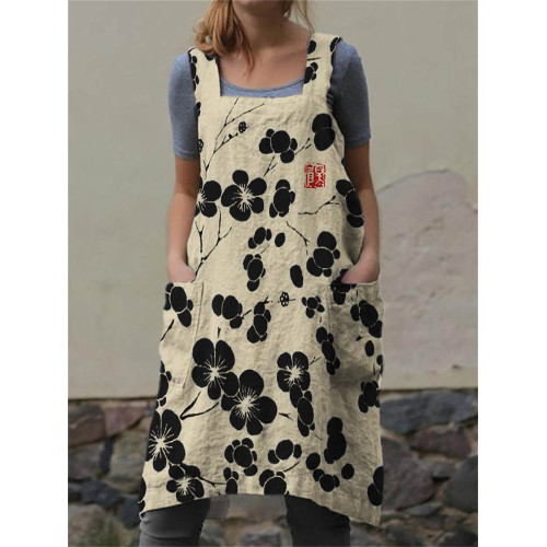 Cherry Blossom Japanese Lino Cross Back Apron