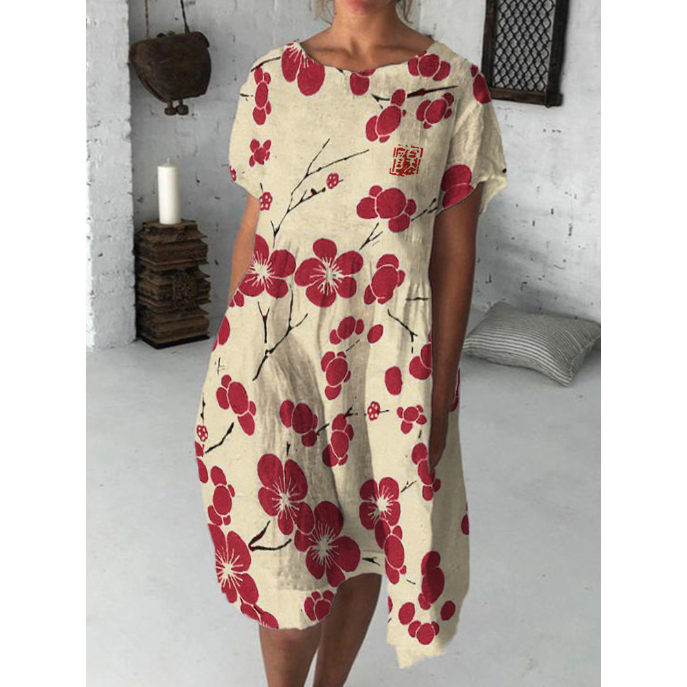 Cherry Blossom Japanese Lino Flowy Midi Dress