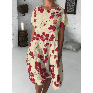 Cherry Blossom Japanese Lino Flowy Midi Dress