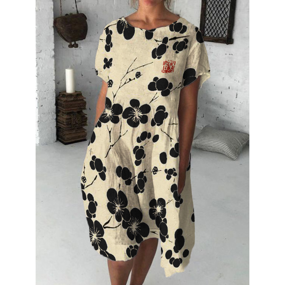 Cherry Blossom Japanese Lino Flowy Midi Dress