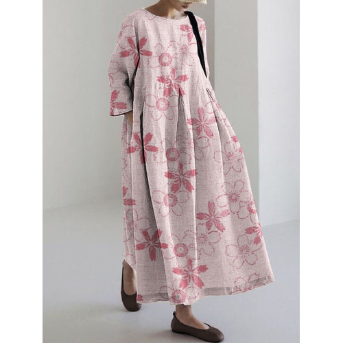 Cherry Blossom Japanese Lino Pattern Linen Blend Maxi Dress