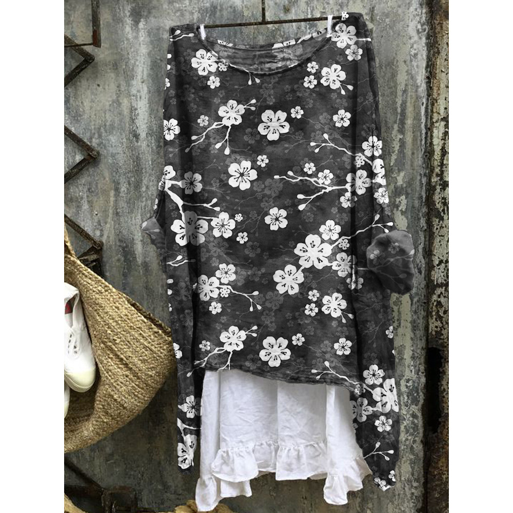 Cherry Blossom Japanese Lino Pattern Linen Blend Tunic