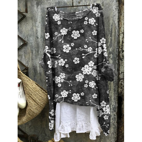 Cherry Blossom Japanese Lino Pattern Linen Blend Tunic