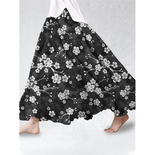 Cherry Blossom Japanese Pattern Flowy Linen Blend Wide Skirt