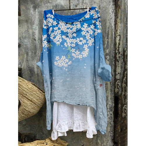 Cherry Blossom Japanese Pattern Linen Blend Flowy Tunic