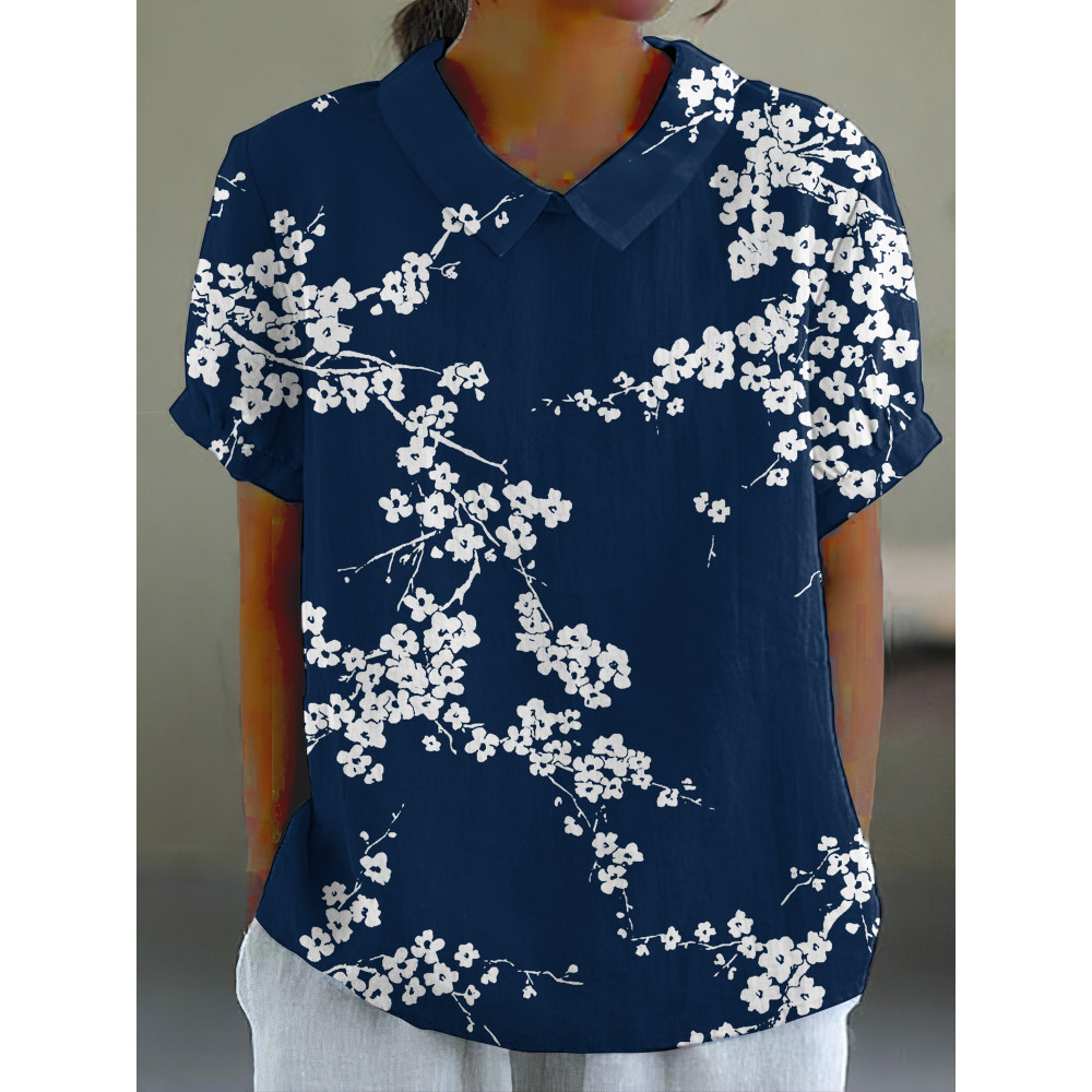 Cherry Blossom Japanese Print Casual Cotton Linen Shirt