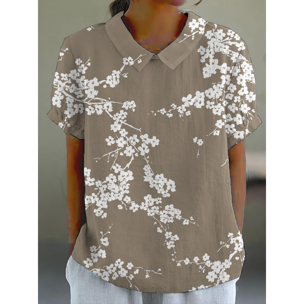 Cherry Blossom Japanese Print Casual Cotton Linen Shirt