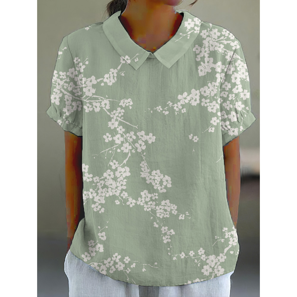 Cherry Blossom Japanese Print Casual Cotton Linen Shirt
