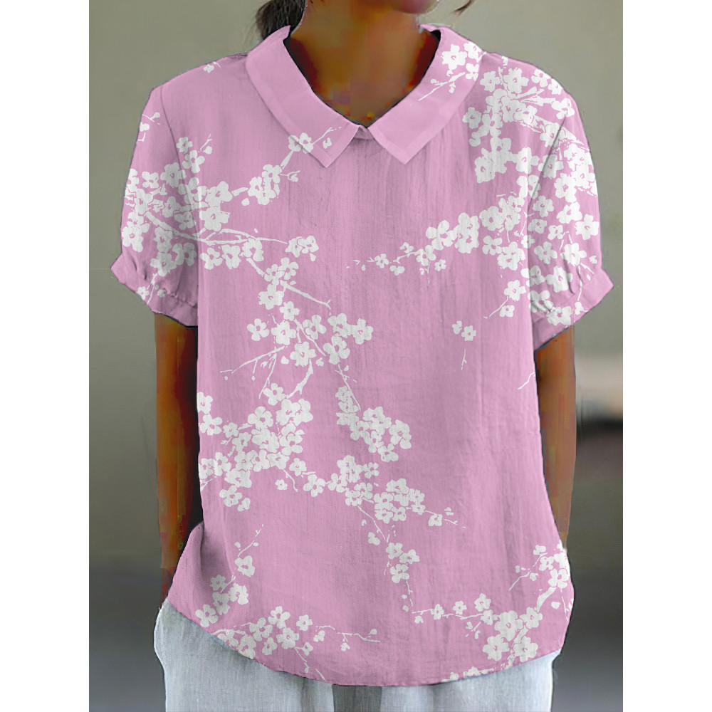 Cherry Blossom Japanese Print Casual Cotton Linen Shirt