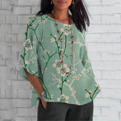 Cherry Blossom Japanese Print Crew Neck Casual T-Shirt