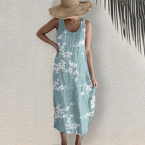 Cherry Blossom Japanese Print Sleeveless Linen Blend Midi Dress