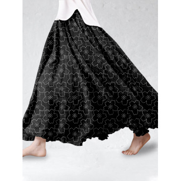 Cherry Blossom Japanese Sashiko Art Linen Blend Flowy Wide Skirt
