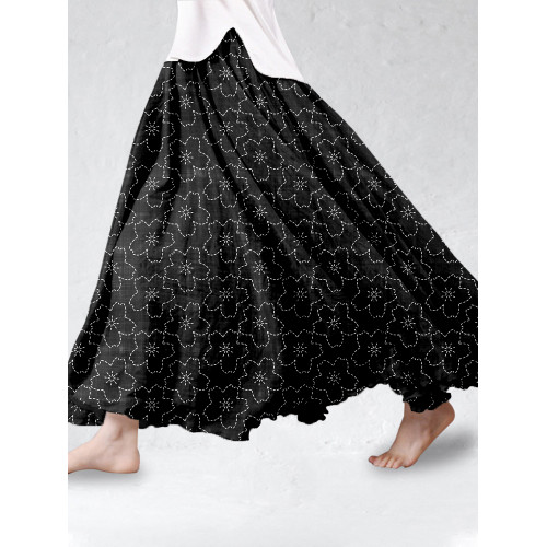 Cherry Blossom Japanese Sashiko Art Linen Blend Flowy Wide Skirt