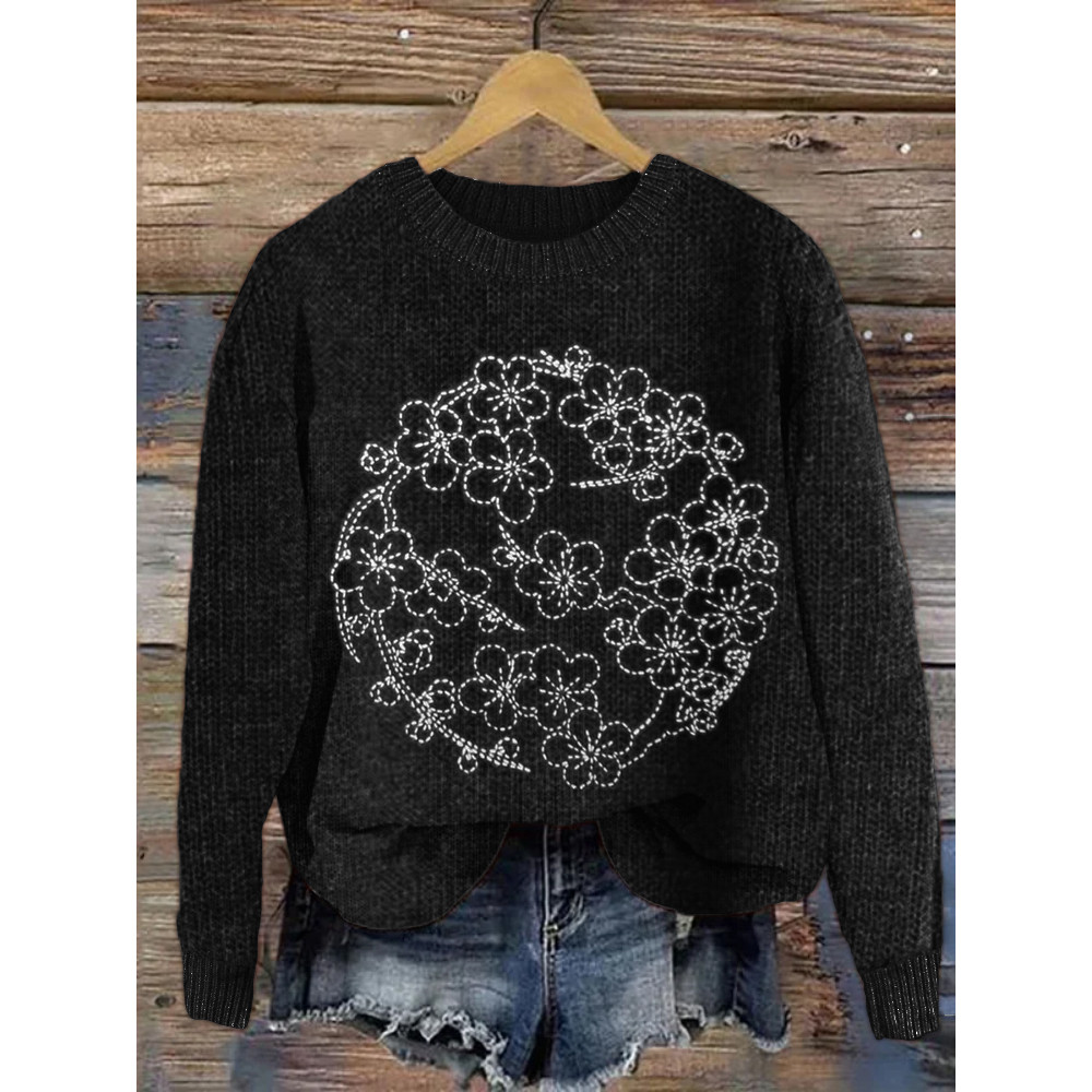 Cherry Blossom Japanese Sashiko Embroidered Knit Sweater