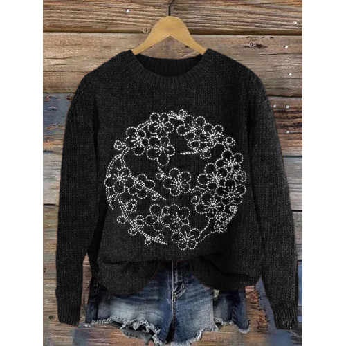 Cherry Blossom Japanese Sashiko Embroidered Knit Sweater