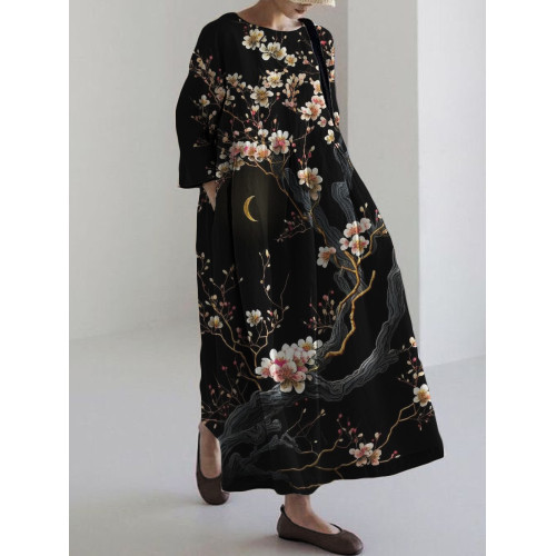 Cherry Blossom Night Japanese Art Linen Blend Maxi Dress
