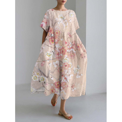 Cherry Blossom Print Linen Blend Maxi Dress