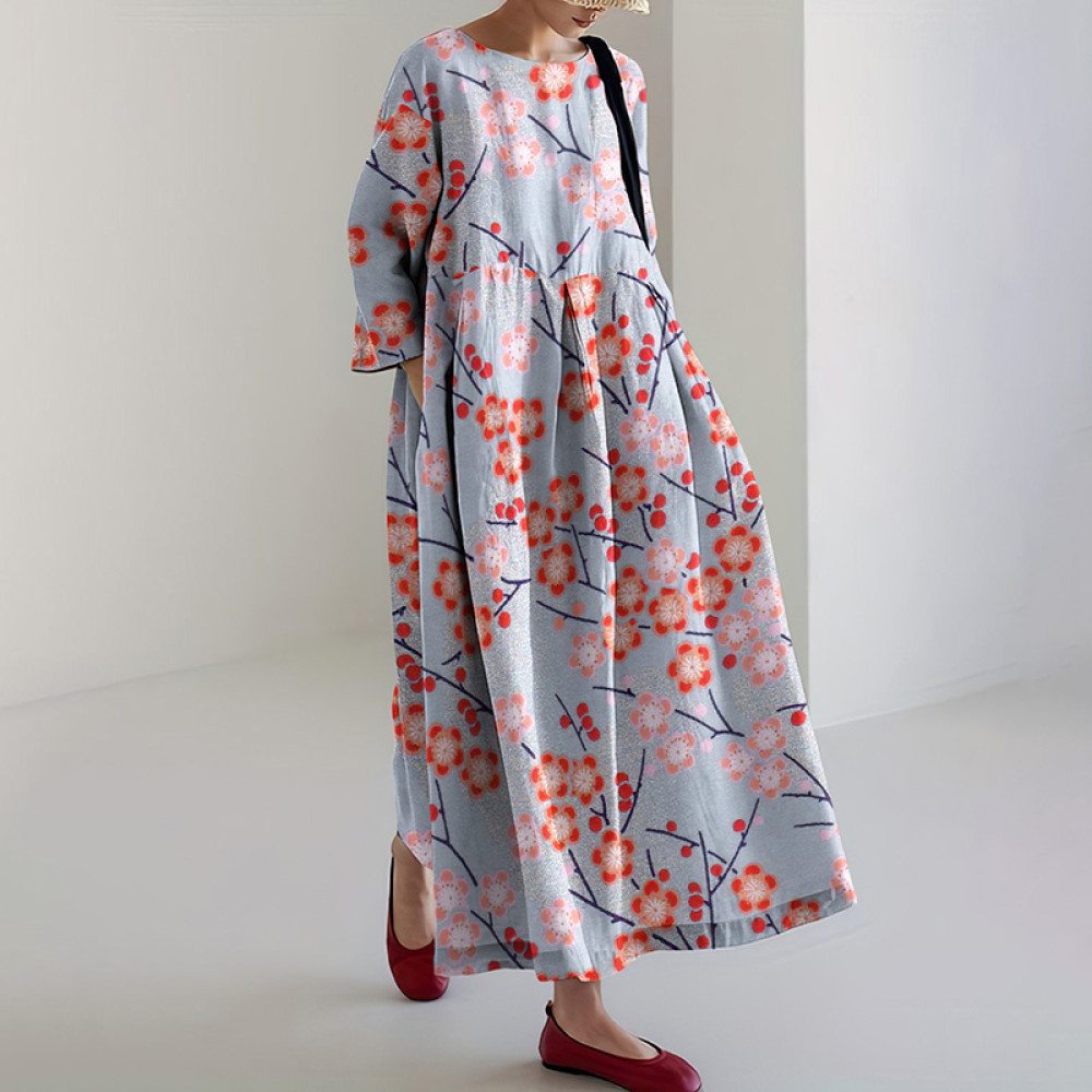 Cherry Blossom Print Round Neck Long Sleeve Casual Midi Dress