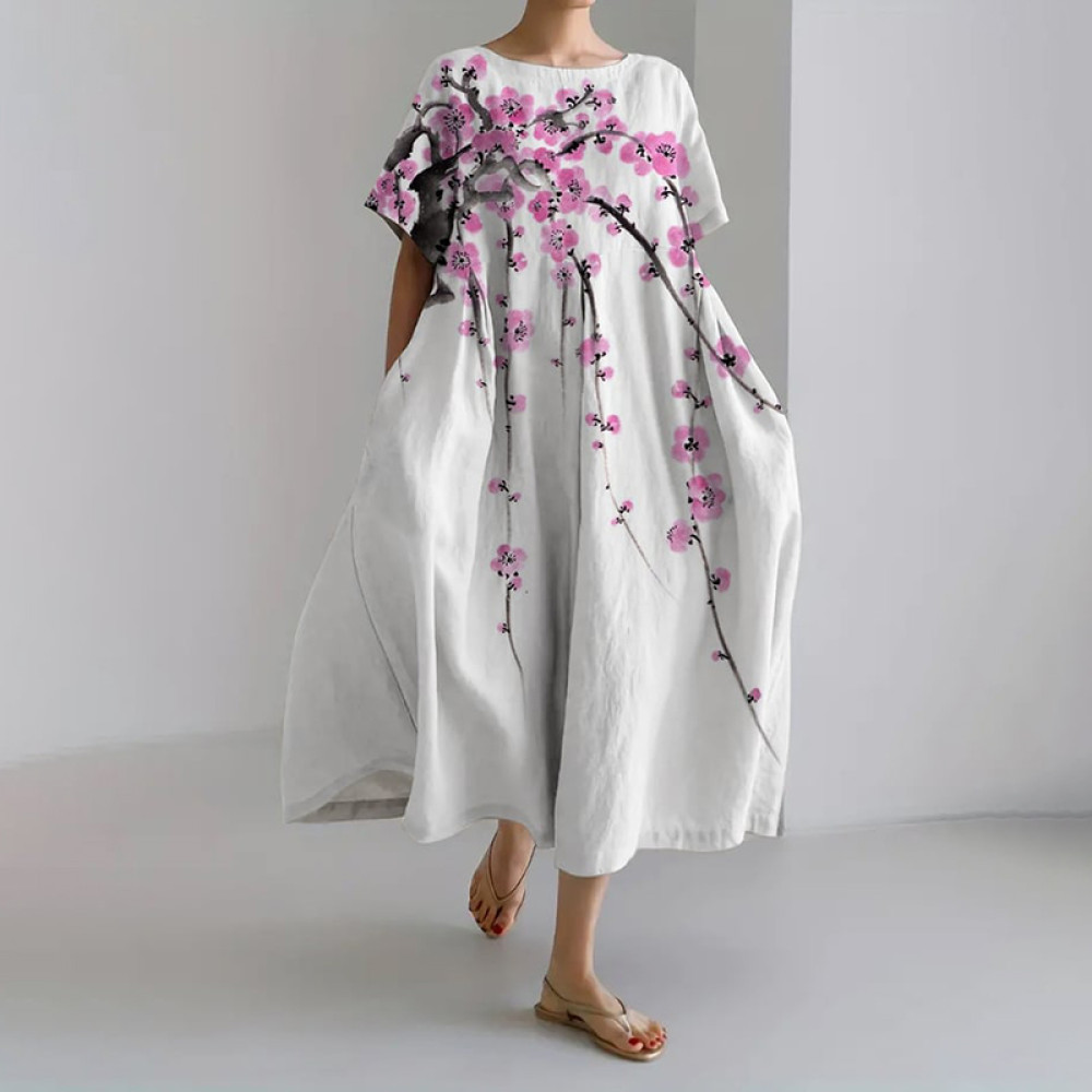 Cherry Blossom Print Round Neck Short Sleeve Casual Midi Dress