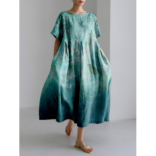 Cherry Blossom & Birds Art Linen Blend Maxi Dress